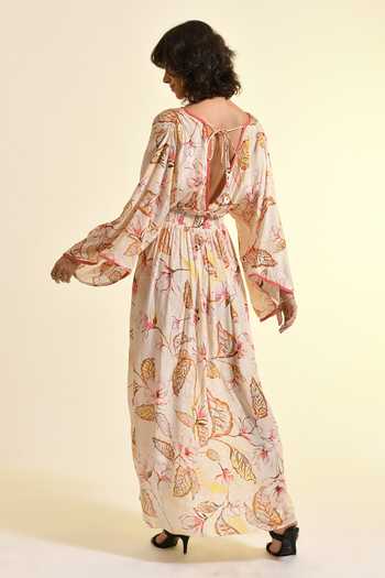 Shop_Bhanuni By Jyoti_Pink Viscose V-neck Floral Blush Print Kaftan _at_Aza_Fashions
