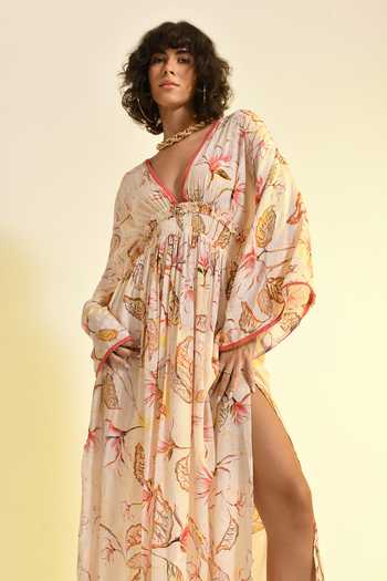 Shop_Bhanuni By Jyoti_Pink Viscose V-neck Floral Blush Print Kaftan _Online_at_Aza_Fashions