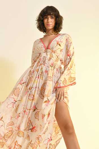 Bhanuni By Jyoti_Pink Viscose V-neck Floral Blush Print Kaftan _at_Aza_Fashions