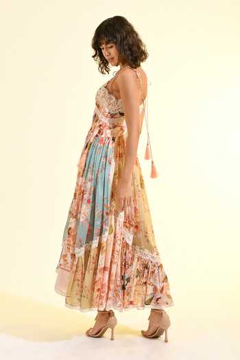 Bhanuni By Jyoti_Peach Viscose Sweetheart Neck Plum Paradise Print Tiered Dress _Online_at_Aza_Fashions
