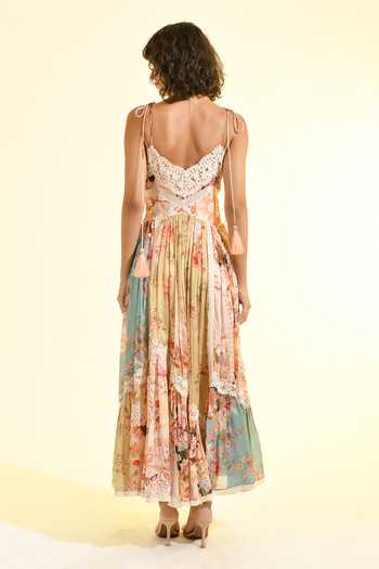 Shop_Bhanuni By Jyoti_Peach Viscose Sweetheart Neck Plum Paradise Print Tiered Dress _at_Aza_Fashions