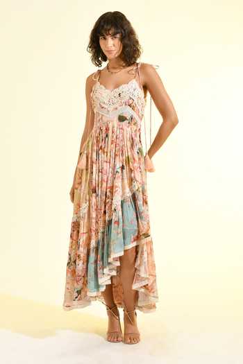 Buy_Bhanuni By Jyoti_Peach Viscose Sweetheart Neck Plum Paradise Print Tiered Dress _at_Aza_Fashions