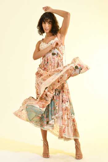 Buy_Bhanuni By Jyoti_Peach Viscose Sweetheart Neck Plum Paradise Print Tiered Dress _Online_at_Aza_Fashions
