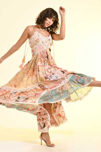 Shop_Bhanuni By Jyoti_Peach Viscose Sweetheart Neck Plum Paradise Print Tiered Dress _Online_at_Aza_Fashions