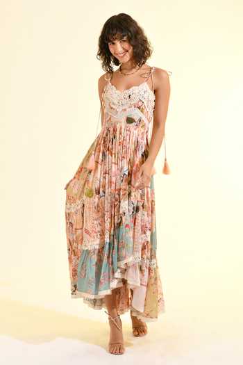 Bhanuni By Jyoti_Peach Viscose Sweetheart Neck Plum Paradise Print Tiered Dress _at_Aza_Fashions