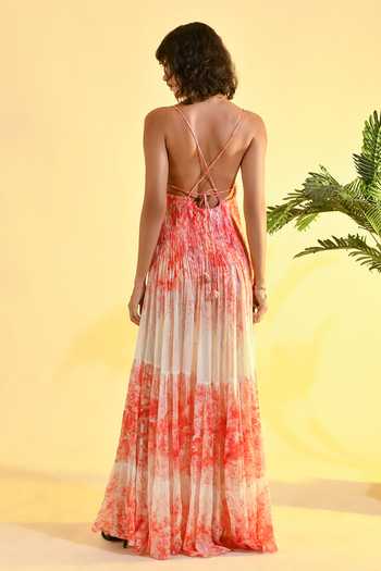 Shop_Bhanuni By Jyoti_Red Viscose Sweetheart Neck Cherry Blossom Floral Print Tiered Dress _at_Aza_Fashions