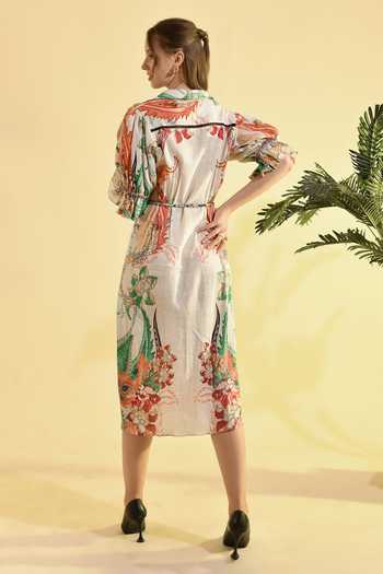 Shop_Bhanuni By Jyoti_Multi Color Viscose V-neck, Collared Elmira Printed Midi Dress _at_Aza_Fashions