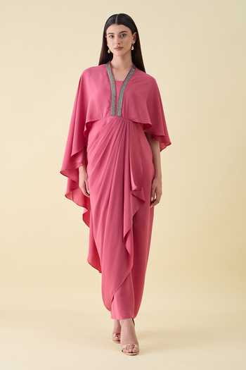 Buy_Aakaar_Pink Silk, Crepe V-neck Metallic Embellishment Dress _at_Aza_Fashions