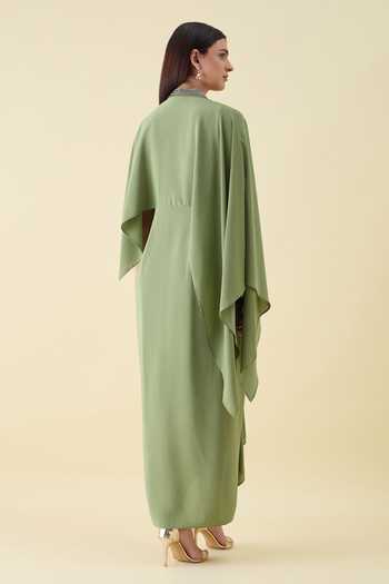 Shop_Aakaar_Green Silk, Crepe V-neck Metallic Embellishment Dress _at_Aza_Fashions