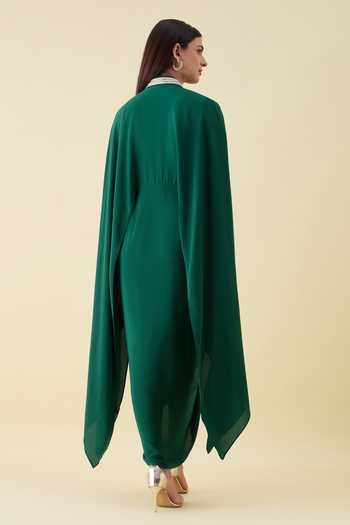 Shop_Aakaar_Emerald Green Silk, Crepe V-neck Maxi Dress _at_Aza_Fashions