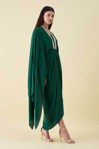 Buy_Aakaar_Emerald Green Silk, Crepe V-neck Maxi Dress _Online_at_Aza_Fashions