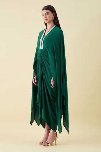 Shop_Aakaar_Emerald Green Silk, Crepe V-neck Maxi Dress _Online_at_Aza_Fashions