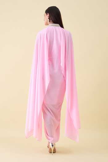 Shop_Aakaar_Pink Crepe V-neck Draped Maxi Dress _at_Aza_Fashions