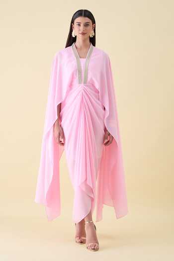 Buy_Aakaar_Pink Crepe V-neck Draped Maxi Dress _at_Aza_Fashions