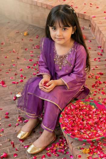 Shop_Petite Pomme_Purple Crepe, Net Embroidery, Sequins, Gota Patti Work Kurta Set _Online_at_Aza_Fashions