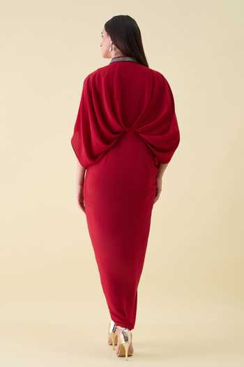 Shop_Aakaar_Red Crepe V-neck Metallic Embellishment Maxi Dress _at_Aza_Fashions