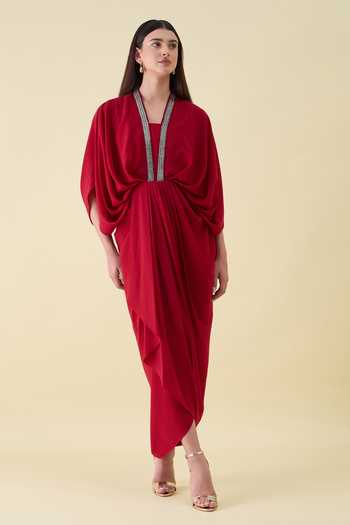 Buy_Aakaar_Red Crepe V-neck Metallic Embellishment Maxi Dress _at_Aza_Fashions