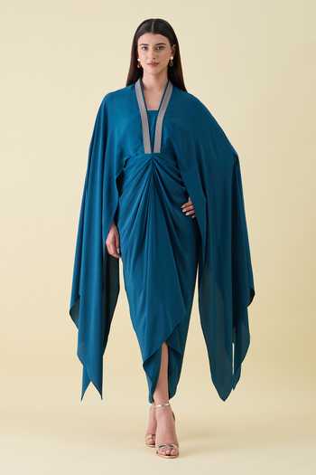 Buy_Aakaar_Teal Silk, Crepe V-neck Metallic Leather Embellishment Dress _at_Aza_Fashions