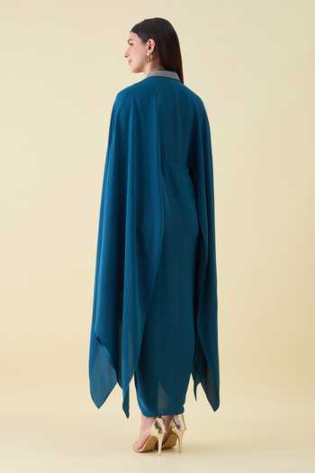 Shop_Aakaar_Teal Silk, Crepe V-neck Metallic Leather Embellishment Dress _at_Aza_Fashions