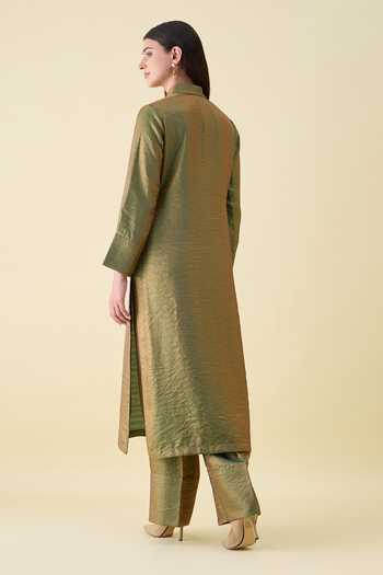 Shop_Aakaar_Green Silk Mandarin Collar Metallic Sequin Work Bodice Kurta And Pant Set _at_Aza_Fashions