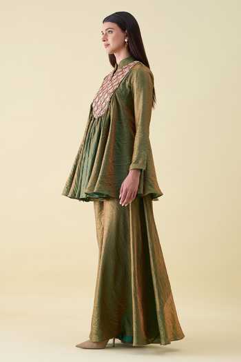 Aakaar_Green Silk Mandarin Collar Metallic Sequin Work Kurta And Sharara Set _Online_at_Aza_Fashions