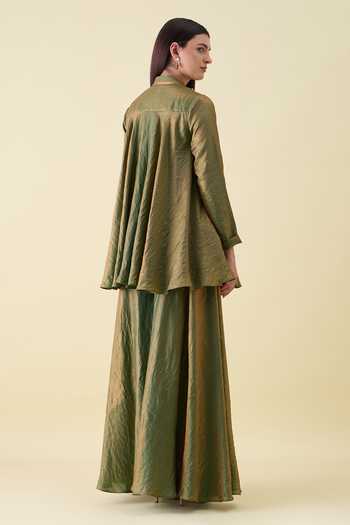 Shop_Aakaar_Green Silk Mandarin Collar Metallic Sequin Work Kurta And Sharara Set _at_Aza_Fashions