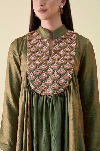 Shop_Aakaar_Green Silk Mandarin Collar Metallic Sequin Work Kurta And Sharara Set _Online_at_Aza_Fashions