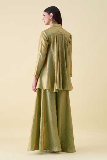Shop_Aakaar_Green Silk Mandarin Collar Dual Kurta And Sharara Set _at_Aza_Fashions