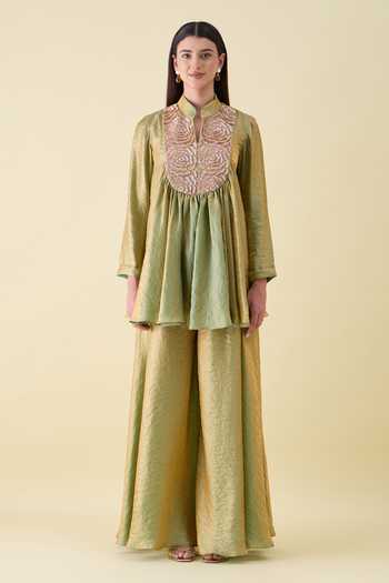 Buy_Aakaar_Green Silk Mandarin Collar Dual Kurta And Sharara Set _at_Aza_Fashions
