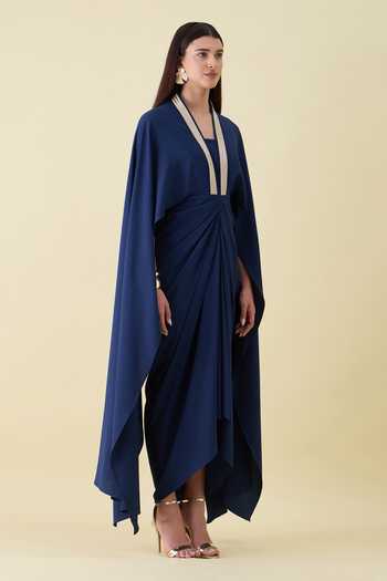 Aakaar_Navy Crepe V-neck Metallic Sequin Draped Dress _Online_at_Aza_Fashions