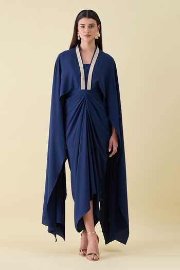 Buy_Aakaar_Navy Crepe V-neck Metallic Sequin Draped Dress _at_Aza_Fashions