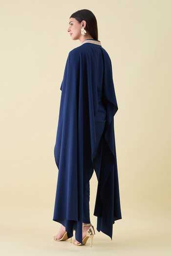 Shop_Aakaar_Navy Crepe V-neck Metallic Sequin Draped Dress _at_Aza_Fashions