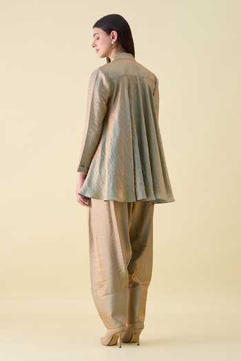 Shop_Aakaar_Beige Silk Mandarin Metallic Sequin Embellishment Dual Kurta And Salwar Set _at_Aza_Fashions