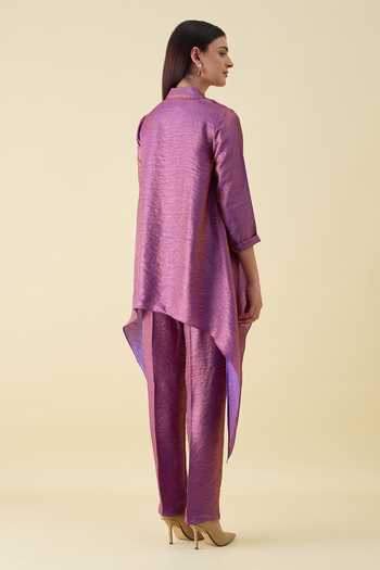 Shop_Aakaar_Purple Silk Mandarin Collar, Yes Metallic Sequin Embellished Kurta And Pant Set _at_Aza_Fashions