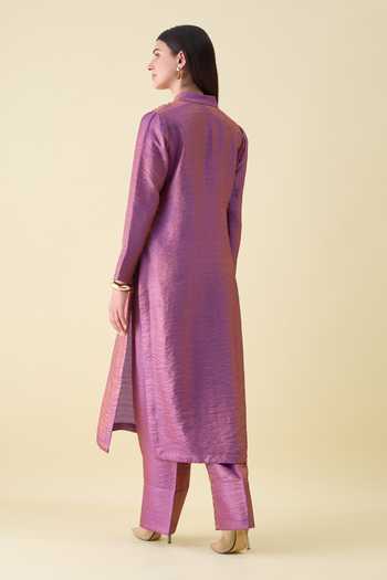 Shop_Aakaar_Purple Silk Mandarin Collar Metallic Dual Kurta And Pant Set _at_Aza_Fashions