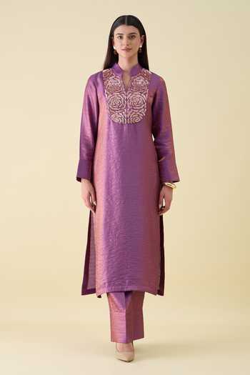 Buy_Aakaar_Purple Silk Mandarin Collar Metallic Dual Kurta And Pant Set _at_Aza_Fashions