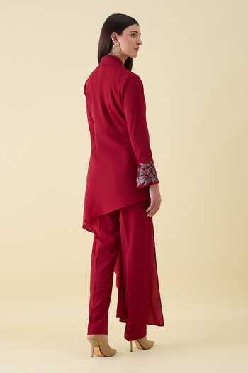 Shop_Aakaar_Red Crepe Crystal Applique Sleeve Blazer And Pant Set _at_Aza_Fashions