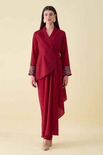 Shop_Aakaar_Red Crepe Crystal Applique Sleeve Blazer And Pant Set _Online_at_Aza_Fashions