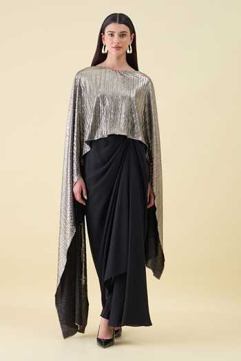 Buy_Aakaar_Black Silk, Cotton Boat Neck Draped Maxi Dress _at_Aza_Fashions