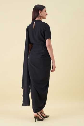 Shop_Aakaar_Black Crepe Mandarin Collar Metallic Embellished Moss Dress _at_Aza_Fashions