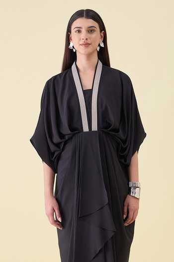 Buy_Aakaar_Black Crepe V-neck Metallic Leather Embellished Dress _Online_at_Aza_Fashions