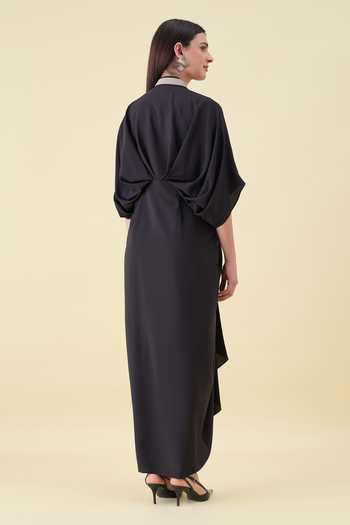 Shop_Aakaar_Black Crepe V-neck Metallic Leather Embellished Dress _at_Aza_Fashions