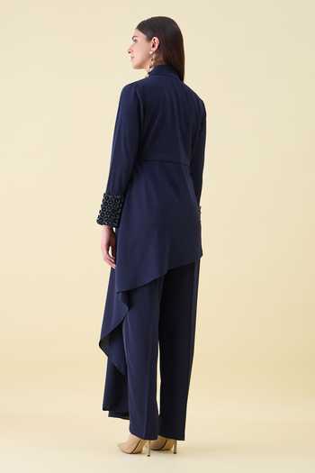 Shop_Aakaar_Navy Crepe Moss Blazer And Pant Set _at_Aza_Fashions
