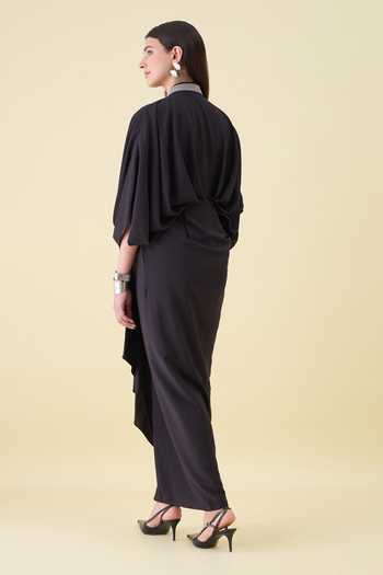 Shop_Aakaar_Black Crepe V-neck Moss Draped Dress _at_Aza_Fashions