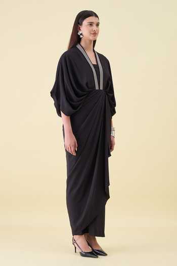 Aakaar_Black Crepe V-neck Moss Draped Dress _Online_at_Aza_Fashions