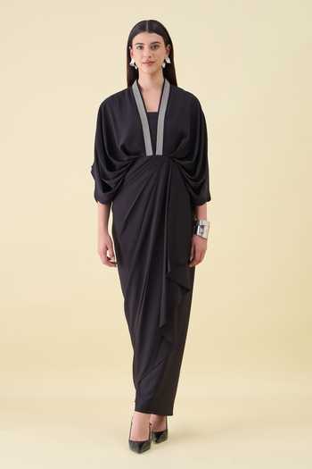 Buy_Aakaar_Black Crepe V-neck Moss Draped Dress _at_Aza_Fashions