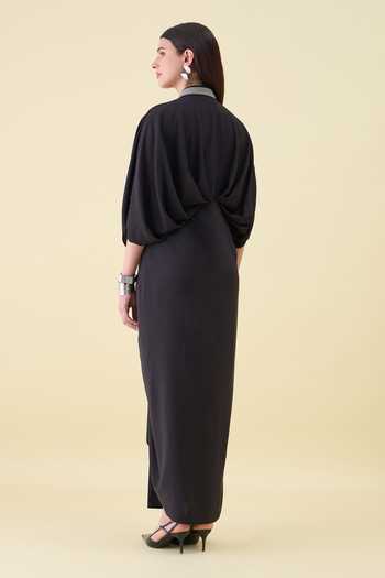 Shop_Aakaar_Black Crepe V-neck Noir Sara Moss Dress _at_Aza_Fashions