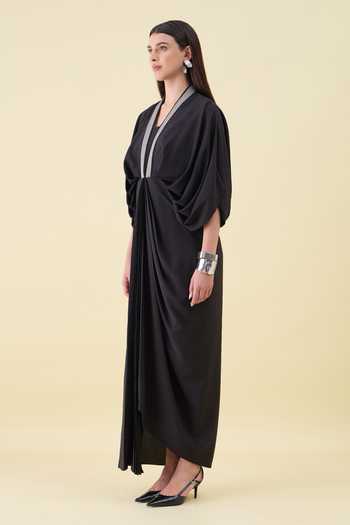 Aakaar_Black Crepe V-neck Noir Sara Moss Dress _Online_at_Aza_Fashions
