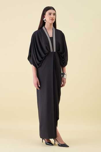 Buy_Aakaar_Black Crepe V-neck Noir Sara Moss Dress _Online_at_Aza_Fashions