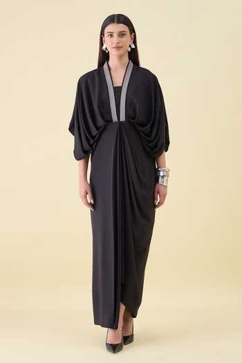Buy_Aakaar_Black Crepe V-neck Noir Sara Moss Dress _at_Aza_Fashions